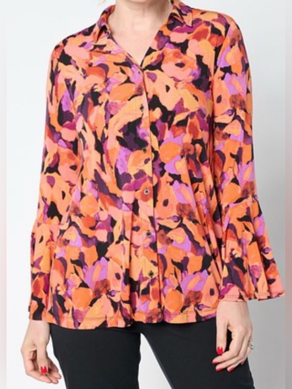 Susan Graver Printed Liquid Knit Button Front Bell Sleeve Tunic Blouse XL